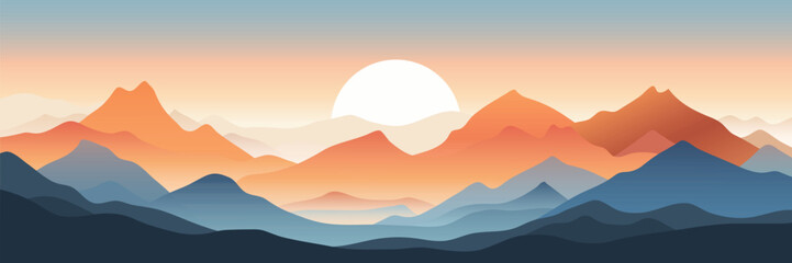 Sticker - 	
Minimalistic stylized landscape, mountain sunrise and sun, vector illustration, panoramic view	
