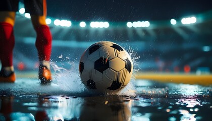 Intense night soccer action with a close-up of a kicked ball splashing water on a wet field, illuminated by vibrant stadium lights