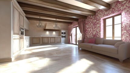 Poster - Wooden cabinets and fabric sofa in a rustic farmhouse interior design. Wallpaper in orange and beige tones.