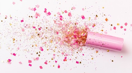 Poster - A pink and gold glittery party popper exploding with confetti, against a white background, with a pastel aesthetic 