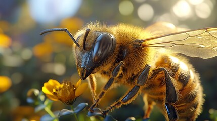 Wall Mural - Close-Up of a Honey Bee Pollinating a Flower