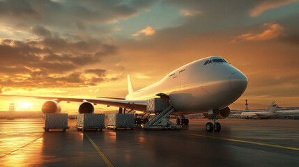 An air freight solution with a large cargo plane on the tarmac, cargo containers being loaded efficiently, sunset lighting