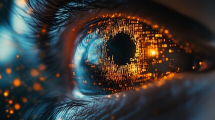 Wall Mural - Close up of eye with digital code.Hacker, cyber security, programming background