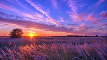 Wall Mural - Vivid sunset over a grassy field with colorful clouds.