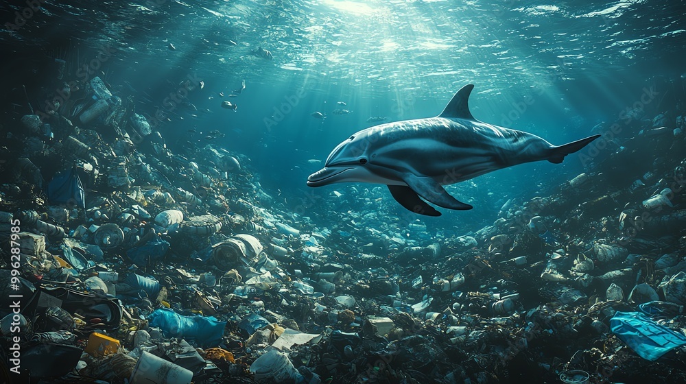 A dolphin swims through a sea of plastic pollution, highlighting the ...