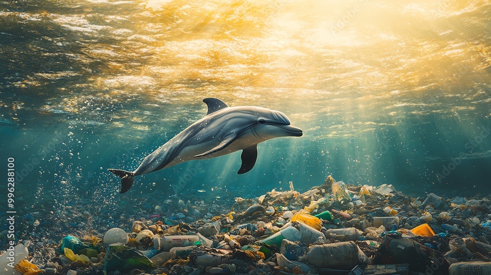 Dolphin swimming through plastic pollution in the ocean. Stock ...