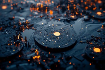 Poster - Computer circuit board with a glow in the middle and electronic components surrounding the board. Stock.