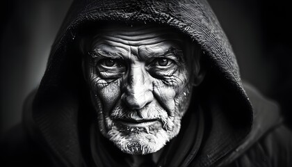 Wall Mural - Mystical monochrome portrait of an older man with a hood, showcasing profound emotion and enigma in piercing eyes and a powerful expression