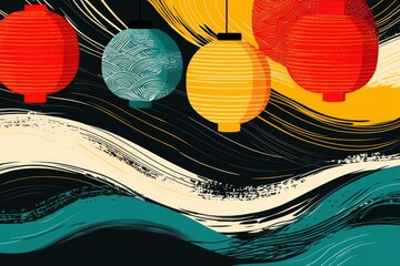 Wall Mural - Abstract Illustration with Hanging Lanterns and Brushstrokes