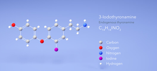 Poster - 3-iodothyronamine molecule, molecular structure, endogenous thyronamine, 3d model, Structural Chemical Formula and Atoms with Color Coding