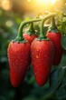 © Creative_Bringer - Closeup of fresh jalapenos with dewdrops, bathed in golden sunlight, lush greenery in the background
