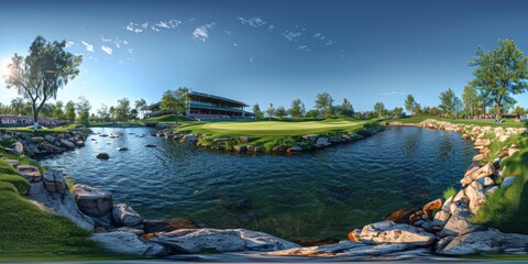 Wall Mural - An immersive 360-degree panorama of a golf course during a major tournament, with golfers navigating challenging fairways and