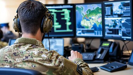 Poster - military personnel monitors data on multiple screens generative ai