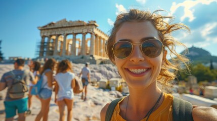 Poster - depict a group of travelers from various cultural backgrounds taking selfies at the acropolis in ath