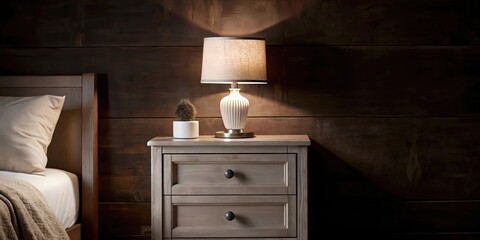 Canvas Print - Vintage-style bedside lamp casting warm light on a wooden drawer.