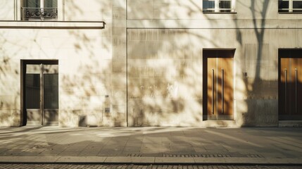 Modern Parisian building, minimalist facade, facing a wall with windows and doors, sunny afternoon light, tranquil urban environment, no people around.