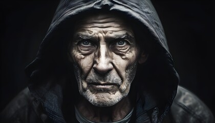 Mystical monochrome portrait of an older man with a hood, showcasing profound emotion and enigma in piercing eyes and a powerful expression