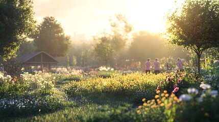 A serene scene of a community garden with people in pink shirts, tending to blooming flowers, surrounded by soft sunlight, Realism, Soft focus, Pastel colors.