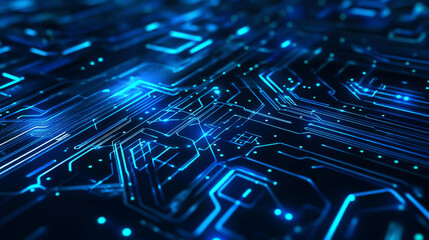 Poster - Abstract digital background with circuit line elements in a technology blue hue, featuring a circuit board design. This vector illustration highlights a tech network backdrop, combining futuristic tec