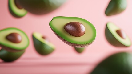 Fresh avocados flying in mid-air against a soft pink background, showcasing their vibrant green color and smooth texture.