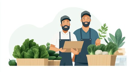 Two happy delivery men with boxes of fresh produce, ready to deliver groceries.  vector