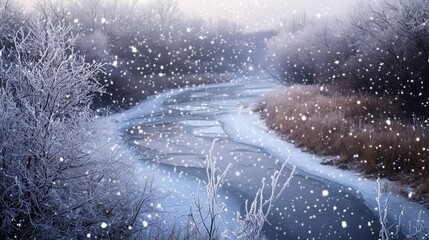 Sticker - A panoramic view of a frozen river winding through a forest, with bare branches covered in frost and snowflakes falling softly