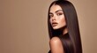 © DenisMArt - Young beautiful woman model with long brown silky shining hair for hair products advertising on beige background.Macro.AI Generative.