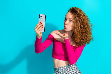 Canvas Print - Photo of nice young girl phone selfie send air kiss wear pink top isolated on teal color background