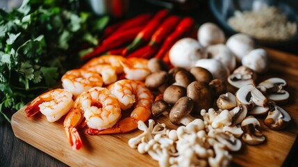 A close-up shot of the vibrant ingredients used in tom yum goong, including shrimp, mushrooms, and spices, beautifully arranged on a wooden cutting board.