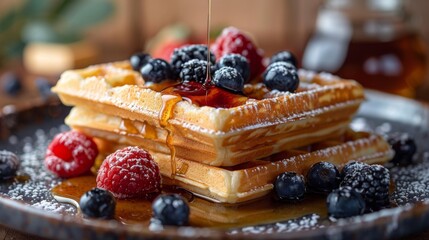 Wall Mural - Get close-up shots of a plate of fluffy Belgian waffles, featuring crisp edges, tender interior, and a drizzle of maple