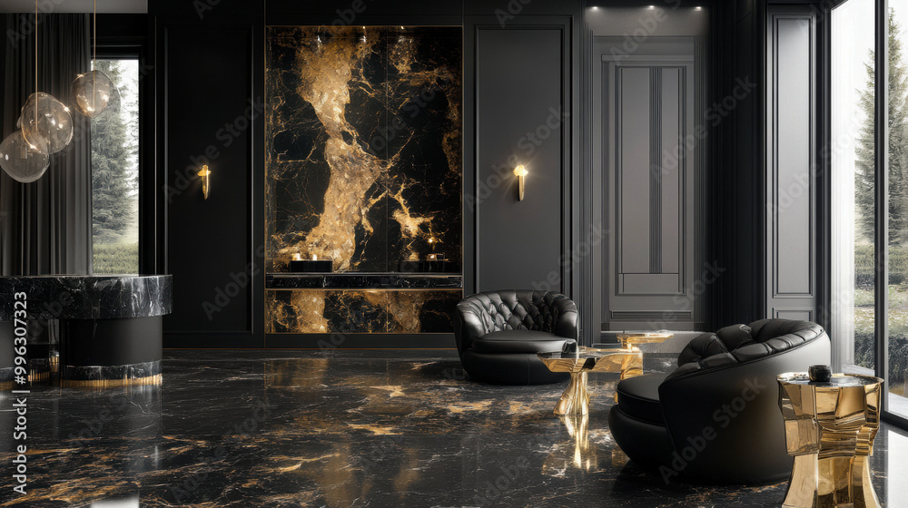 Luxurious and elegant interior design featuring black and gold accents ...