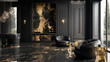 © Worakit - Luxurious and elegant interior design featuring black and gold accents. space showcases modern aesthetic with plush seating and stunning marble wall