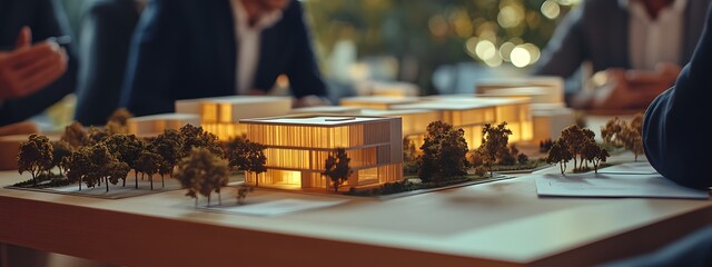 A close-up shot of an architectural model on the table, with people in suits discussing around it, showcasing an urban development plan