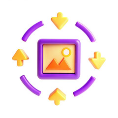 Poster - A colorful 3D icon depicting a framed image with mountains and the sun in a circular motion. Designed with vibrant purple, yellow, and orange colors.