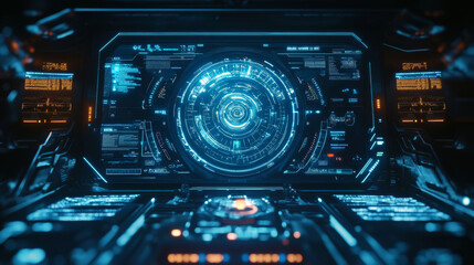 Poster - Futuristic VR HUD control panel featuring a technology-based head-up display with target and command center UI screens. Includes a GUI digital virtual interface for cyberspace, high-tech visor templat