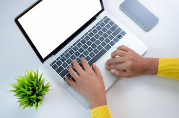 Poster - Mockup image screen computer, Cell phone with blank space for text, Hand woman work using laptop, White background for advertising, Marketing, Design, Design creative work space.