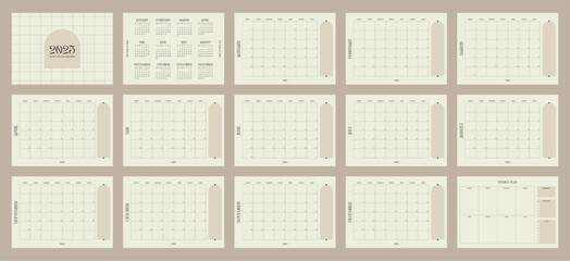 2025 calendar, Monday start, modern minimalist monthly planner, weekly planner, agenda, vector illustration, printable for productivity, goal setting, time management and organization