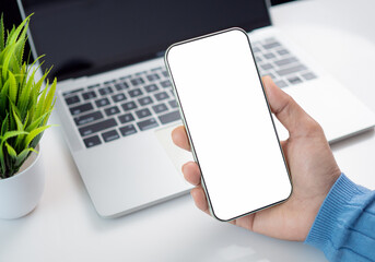 Poster - Mockup image screen smartphone, Cell phone with blank space for text, Hand woman work using smartphone, White background for advertising, Marketing, Design, Design creative work space.