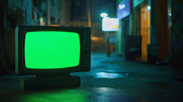 old green chroma television in the street classical aged tv with green screen realistic footage cinematic lighting night retrospect background composition 3d atmosphere rendered video element graphic