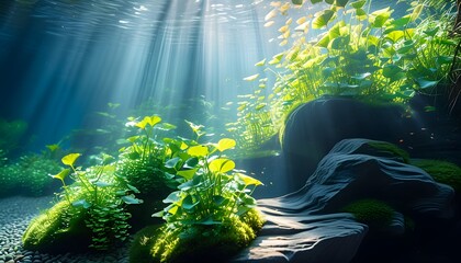 Sunlit serenity of vibrant aquatic plants in an aquarium, creating a tranquil underwater paradise