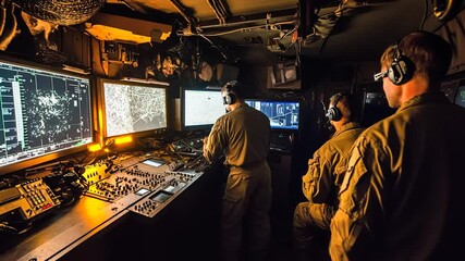 Poster - military personnel operating advanced monitoring equipment at night generative ai