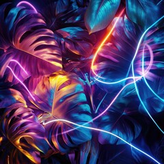 Wall Mural - a vibrant display of neon-lit leaves creating a stunning visual experience in a tropical setting.