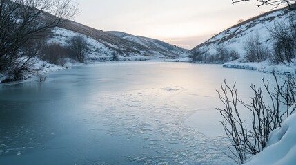 Sticker - A serene frozen lake surrounded by snow-covered hills and bare trees, with soft light reflecting off the ice