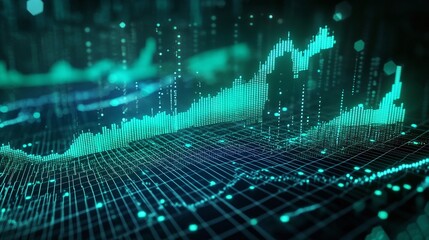 Poster - a futuristic digital graph displaying financial trends with glowing green lines and dots against a d