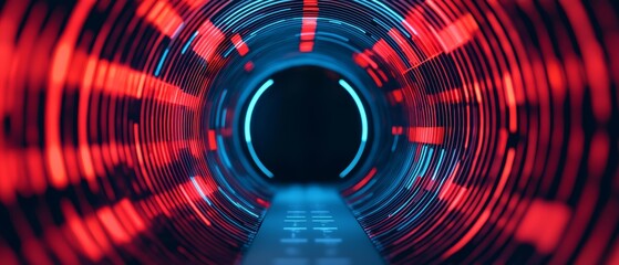 Poster - Futuristic tunnel, vibrant red and blue lights, dark background.