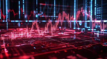 Poster - a vibrant digital data visualization with red graph lines on a dark background, representing data an