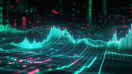 Poster - a vibrant digital waveform visualization, showcasing data flow with green and pink patterns against 