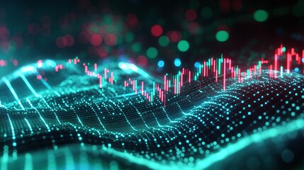 Poster - a vibrant digital wave representing data trends with glowing dots and lines in teal and red colors.