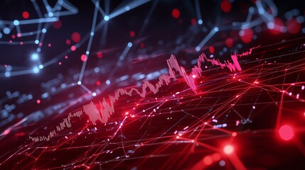Poster - abstract data visualization in red and blue tones with network lines and graphs.
