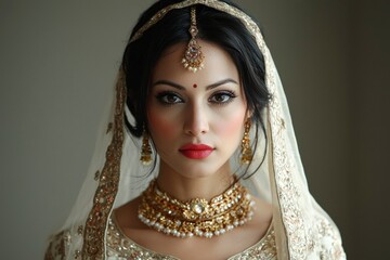 A Portrait of a Bride Adorned with Traditional Indian Jewelry